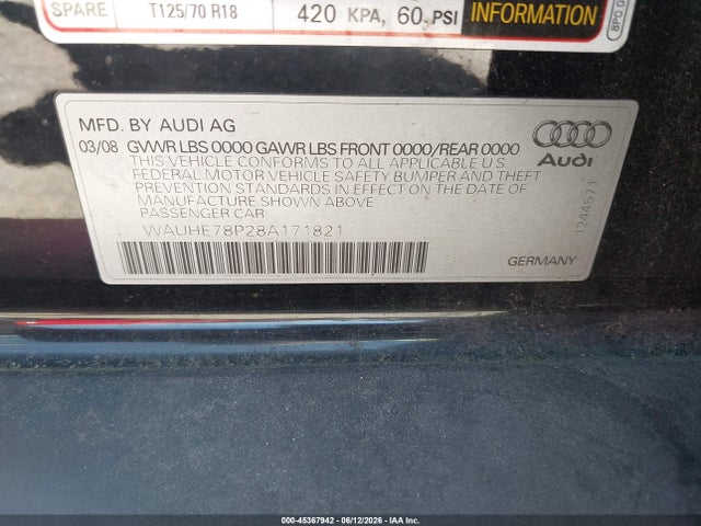 Aukcja sprzedaży 2008 Audi A3 2.0t, vin: WAUHE78P28A171821, numer aukcji: 45367942