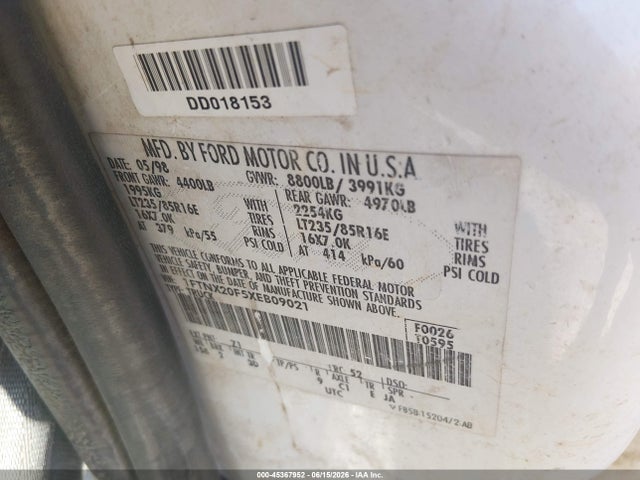 45367952 :رقم المزاد ، 1FTNX20F5XEB09021 vin ، 1999 Ford F-250 Lariat/xl/xlt مزاد بيع