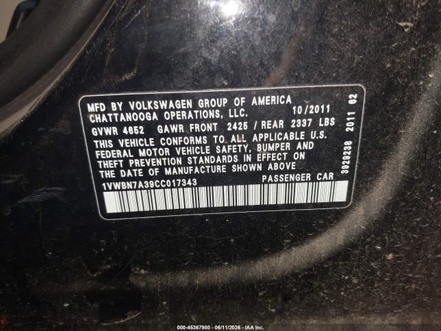 45367980 :رقم المزاد ، 1VWBN7A39CC017343 vin ، 2012 Volkswagen Passat 2.0l Tdi Se مزاد بيع