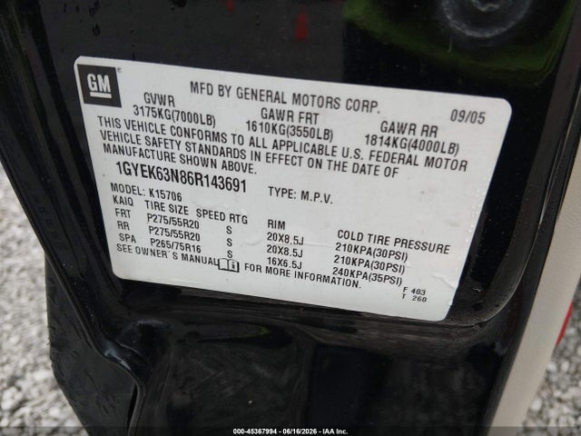 2006 Cadillac Escalade Standard მანქანა იყიდება აუქციონზე, vin: 1GYEK63N86R143691, აუქციონის ნომერი: 45367994