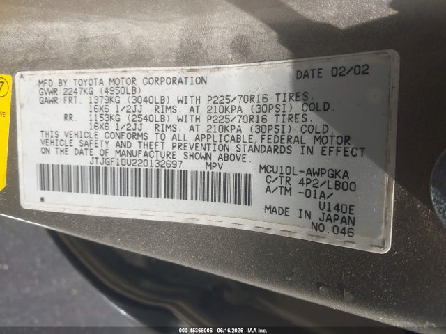 Aukcja sprzedaży 2002 Lexus Rx 300, vin: JTJGF10U220132697, numer aukcji: 45368006
