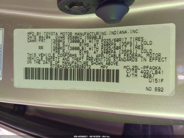 Aukcja sprzedaży 2004 Toyota Sienna Xle Limited, vin: 5TDBA22C54S020272, numer aukcji: 45368021