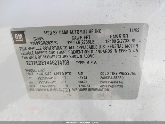 45368037 :رقم المزاد ، 2CTFLDEY4A6274709 vin ، 2010 Gmc Terrain Sle-2 مزاد بيع