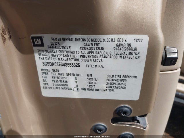 2004 Buick Rendezvous Cx მანქანა იყიდება აუქციონზე, vin: 3G5DA03E34S555326, აუქციონის ნომერი: 45368053