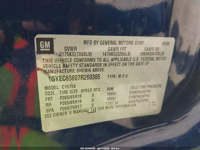 2007 Cadillac Escalade Standard მანქანა იყიდება აუქციონზე, vin: 1GYEC63807R268385, აუქციონის ნომერი: 45368066