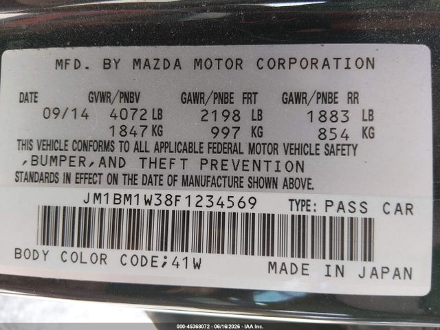 45368072 :رقم المزاد ، JM1BM1W38F1234569 vin ، 2015 Mazda Mazda3 S Grand Touring مزاد بيع