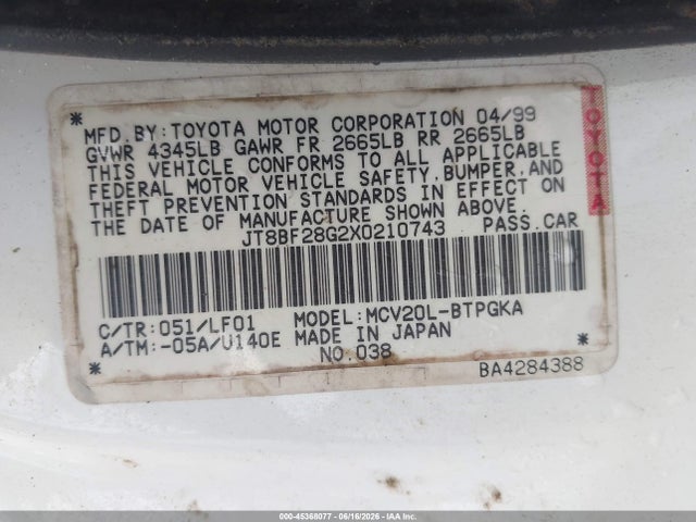 Aukcja sprzedaży 1999 Lexus Es 300, vin: JT8BF28G2X0210743, numer aukcji: 45368077