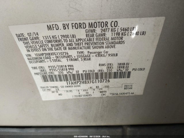 1FAHP2H8XFG110726 Ford TAURUS SEL