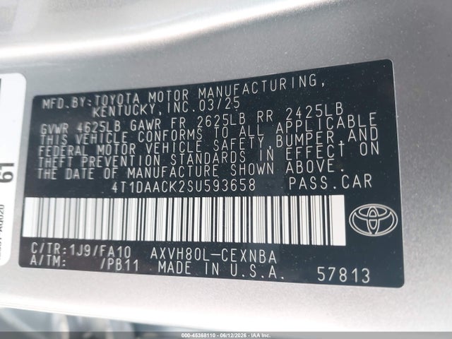 Aukcja sprzedaży 2025 Toyota Camry Le, vin: 4T1DAACK2SU593658, numer aukcji: 45368110