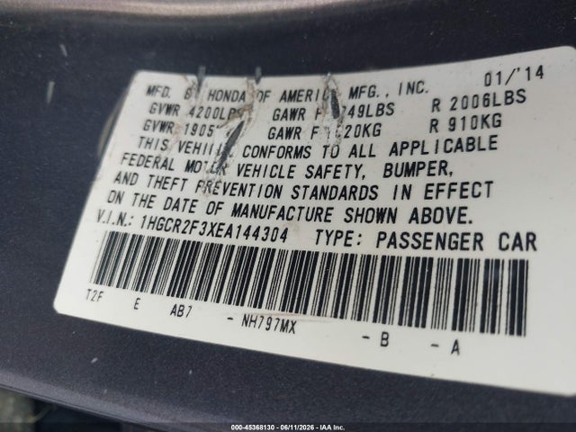 Aukcja sprzedaży 2014 Honda Accord Lx, vin: 1HGCR2F3XEA144304, numer aukcji: 45368130