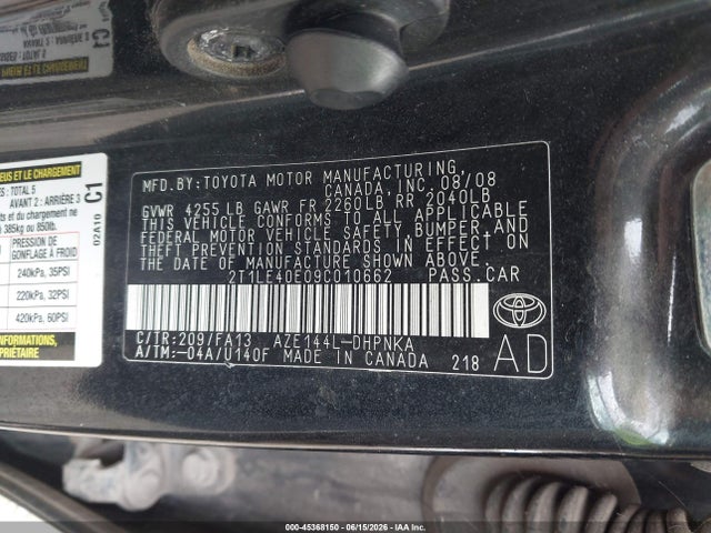 Aukcja sprzedaży 2009 Toyota Matrix S, vin: 2T1LE40E09C010662, numer aukcji: 45368150