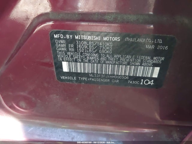 2017 Mitsubishi Mirage G4 Es მანქანა იყიდება აუქციონზე, vin: ML32F3FJXHH000306, აუქციონის ნომერი: 45368169