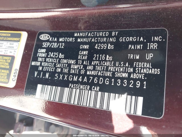 45368170 :رقم المزاد ، 5XXGM4A76DG133291 vin ، 2013 Kia Optima Lx مزاد بيع