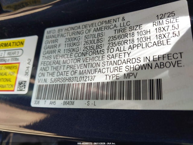 Aukcja sprzedaży 2026 Honda Cr-v Hybrid Awd Sport-l, vin: 5J6RS6H83TL012137, numer aukcji: 45368172