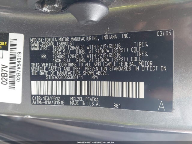 2005 Toyota Sienna Le მანქანა იყიდება აუქციონზე, vin: 5TDZA23C05S308411, აუქციონის ნომერი: 45368187