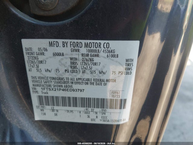 Aukcja sprzedaży 2006 Ford F-250 Lariat/xl/xlt, vin: 1FTSX21P46ED93797, numer aukcji: 45368200