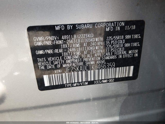 45368202 :رقم المزاد ، JF2SKAUC1KH466359 vin ، 2019 Subaru Forester Limited مزاد بيع