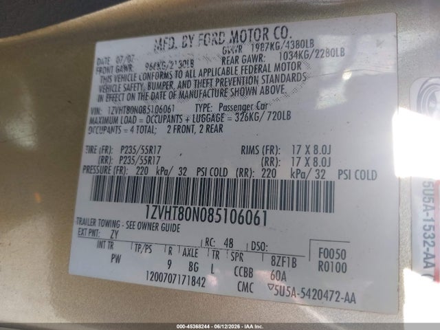 45368244 :رقم المزاد ، 1ZVHT80N085106061 vin ، 2008 Ford Mustang V6 Deluxe/v6 Premium مزاد بيع