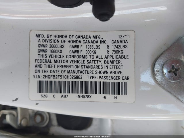 45368254 :رقم المزاد ، 2HGFB2F51CH326863 vin ، 2012 Honda Civic Lx مزاد بيع