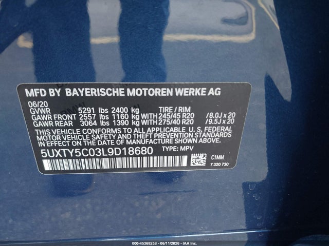 Aukcja sprzedaży 2020 Bmw X3 Xdrive30i, vin: 5UXTY5C03L9D18680, numer aukcji: 45368258