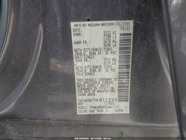 Aukcja sprzedaży 2015 Nissan Armada Platinum, vin: 5N1AA0NC7FN612353, numer aukcji: 45368296