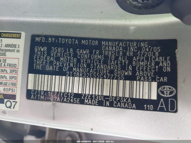 Aukcja sprzedaży 2005 Toyota Corolla S, vin: 2T1BR32E55C477755, numer aukcji: 45368303