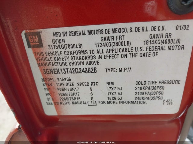 2002 Chevrolet Avalanche 1500 მანქანა იყიდება აუქციონზე, vin: 3GNEK13T42G243828, აუქციონის ნომერი: 45368319