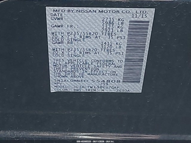 Aukcja sprzedaży 2015 Infiniti Qx60, vin: 5N1AL0MN4FC554808, numer aukcji: 45368320