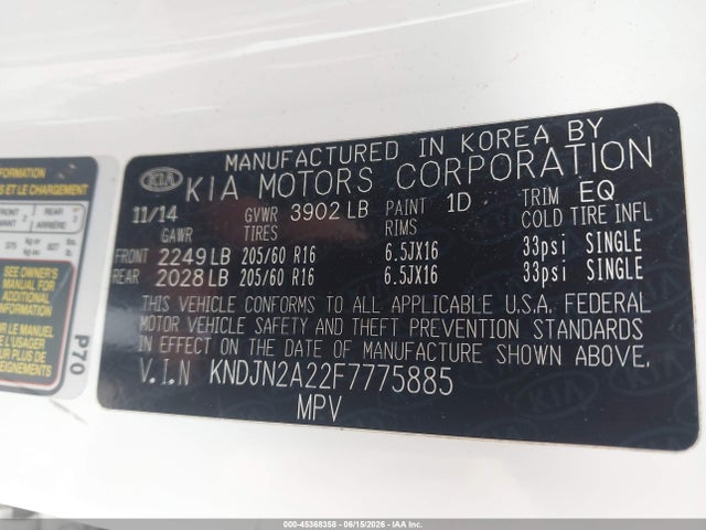 45368358 :رقم المزاد ، KNDJN2A22F7775885 vin ، 2015 Kia Soul مزاد بيع