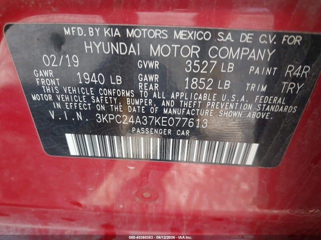 Aukcja sprzedaży 2019 Hyundai Accent Se, vin: 3KPC24A37KE077613, numer aukcji: 45368383