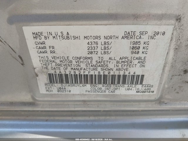 Продажа на аукционе авто 2011 Mitsubishi Galant Fe, vin: 4A32B2FF1BE011344, номер лота: 45368402