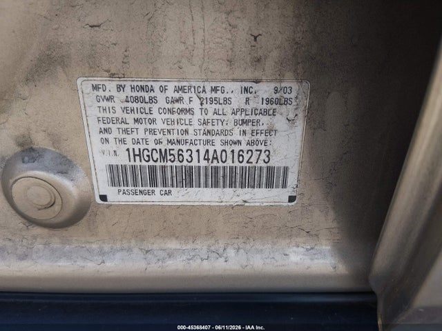 Продажа на аукционе авто 2004 Honda Accord 2.4 Lx, vin: 1HGCM56314A016273, номер лота: 45368407