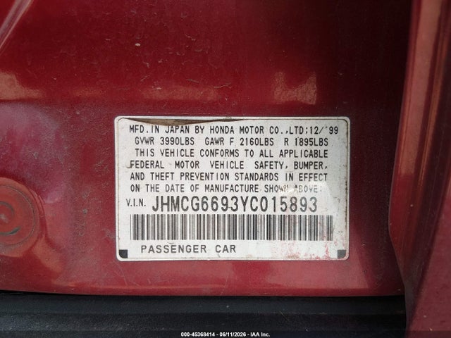Продажа на аукционе авто 2000 Honda Accord 2.3 Se, vin: JHMCG6693YC015893, номер лота: 45368414