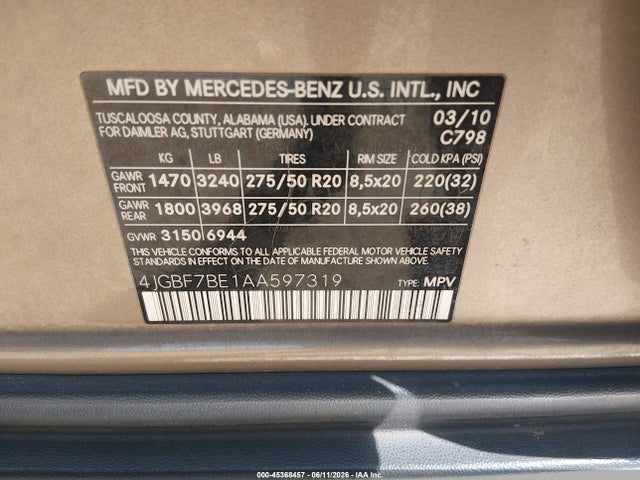 Aukcja sprzedaży 2010 Mercedes-benz Gl 450 4matic, vin: 4JGBF7BE1AA597319, numer aukcji: 45368457