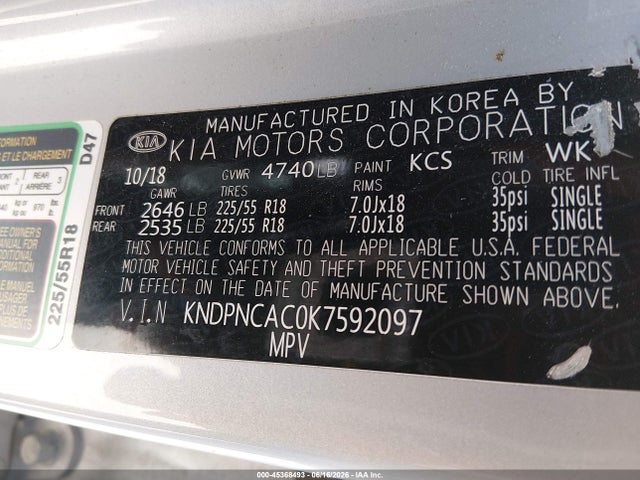 Aukcja sprzedaży 2019 Kia Sportage Ex, vin: KNDPNCAC0K7592097, numer aukcji: 45368493