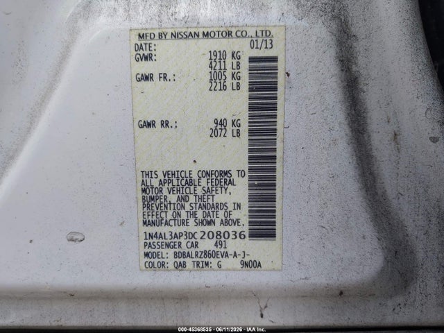 Aukcja sprzedaży 2013 Nissan Altima 2.5 S, vin: 1N4AL3AP3DC208036, numer aukcji: 45368535