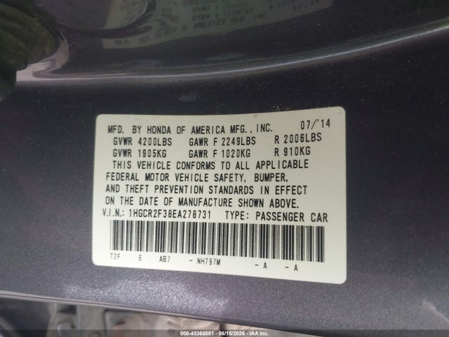 Aukcja sprzedaży 2014 Honda Accord Lx, vin: 1HGCR2F38EA278731, numer aukcji: 45368551