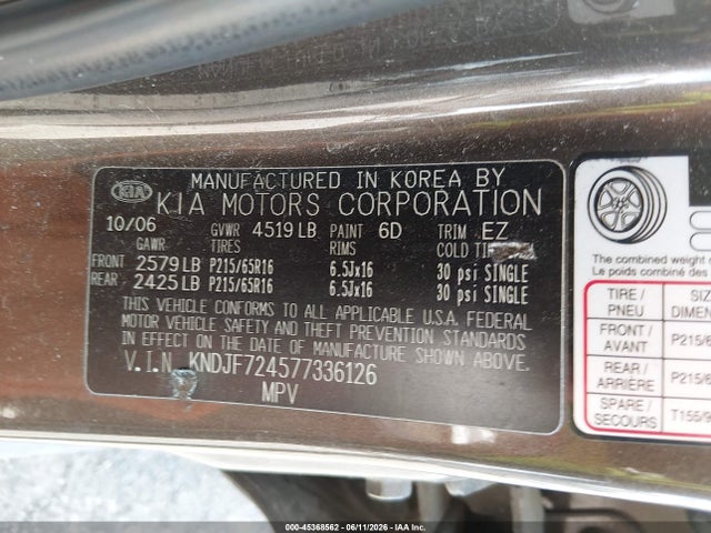 Aukcja sprzedaży 2007 Kia Sportage Lx, vin: KNDJF724577336126, numer aukcji: 45368562