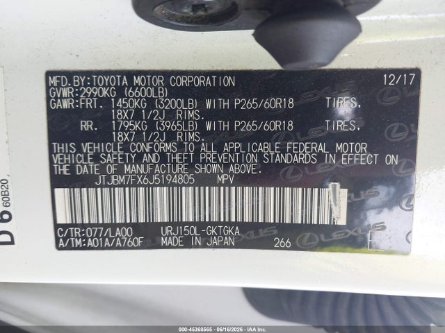 Auction sale of the 2018 Lexus Gx 460, vin: JTJBM7FX6J5194805, lot number: 45368565
