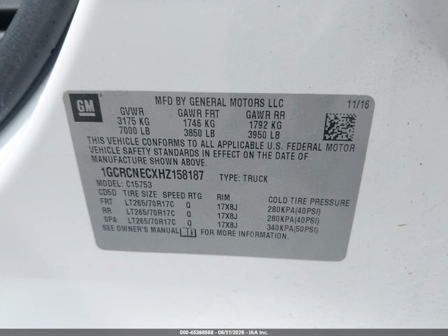 Продаж на аукціоні авто 2017 Chevrolet Silverado 1500 Wt, vin: 1GCRCNECXHZ158187, номер лоту: 45368568