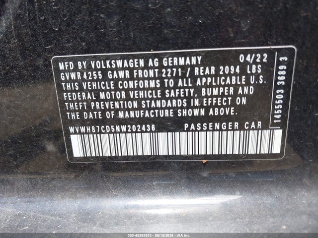 45368583 :رقم المزاد ، WVWH87CD5NW202436 vin ، 2022 Volkswagen Golf Gti 2.0t S مزاد بيع