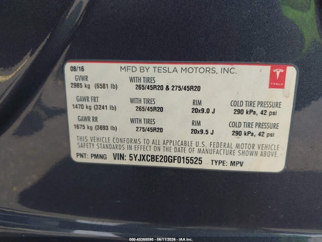 Продаж на аукціоні авто 2016 Tesla Model X, vin: 5YJXCBE20GF015525, номер лоту: 45368590