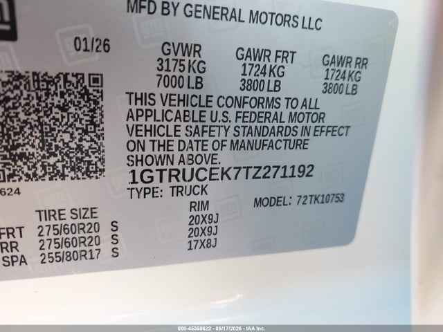 Aukcja sprzedaży 2026 Gmc Sierra 1500 , Standard Bed, Elevation, 4wd, vin: 1GTRUCEK7TZ271192, numer aukcji: 45368622