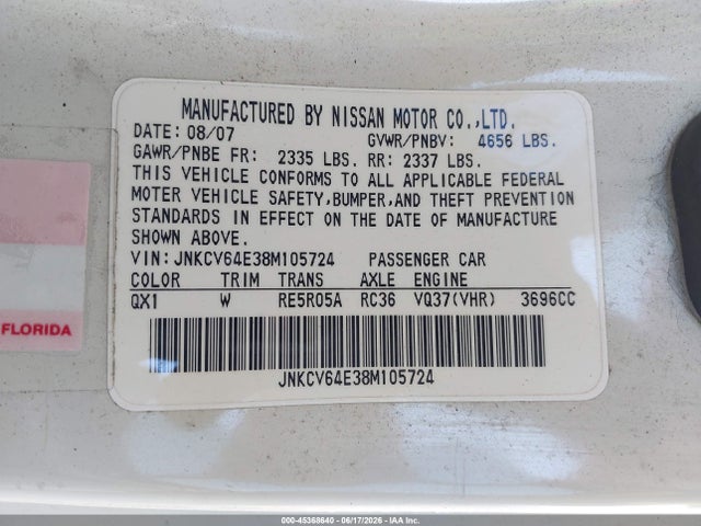 2008 Infiniti G37 მანქანა იყიდება აუქციონზე, vin: JNKCV64E38M105724, აუქციონის ნომერი: 45368640