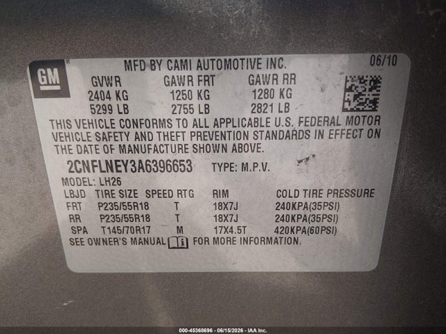 45368696 :رقم المزاد ، 2CNFLNEY3A6396653 vin ، 2010 Chevrolet Equinox Lt مزاد بيع