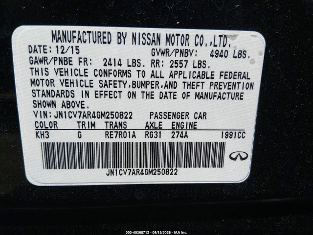 Продажа на аукционе авто 2016 Infiniti Q50 2.0t Premium, vin: JN1CV7AR4GM250822, номер лота: 45368712