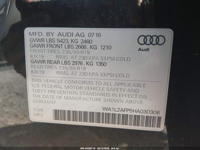Продажа на аукционе авто 2017 Audi Q5 2.0t Premium, vin: WA1L2AFP5HA030306, номер лота: 45368718