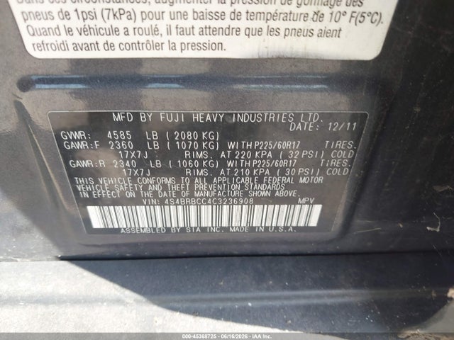 45368725 :رقم المزاد ، 4S4BRBCC4C3236908 vin ، 2012 Subaru Outback 2.5i Premium مزاد بيع