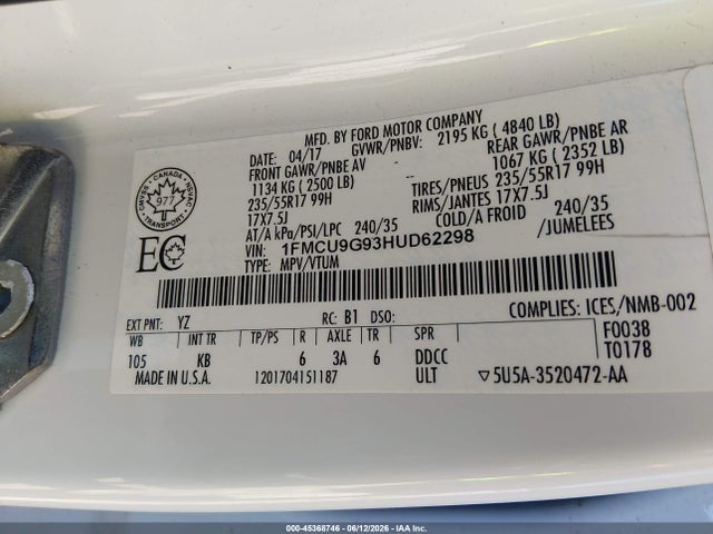 Ford ESCAPE SE 2017 1FMCU9G93HUD62298 Image 9
