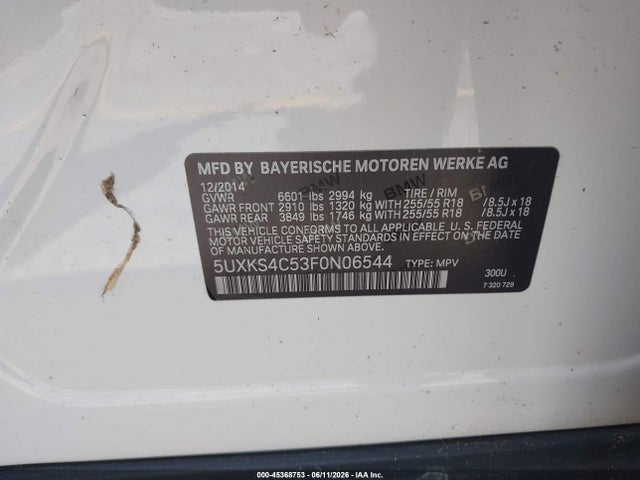 45368753 :رقم المزاد ، 5UXKS4C53F0N06544 vin ، 2015 Bmw X5 Xdrive35d مزاد بيع